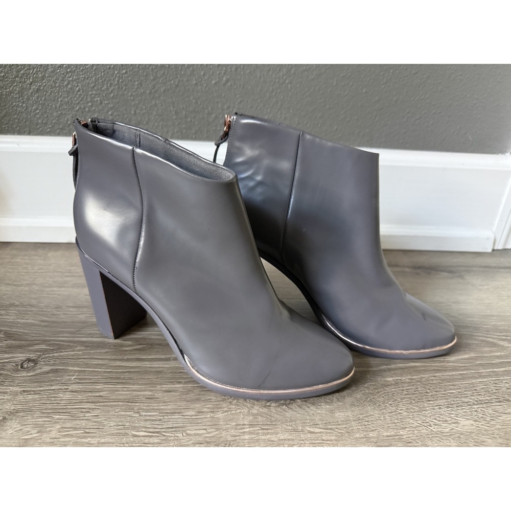 Ted Baker London Grey Leather Pointed Toe Ankle Boots Rose Gold Zip Size 38